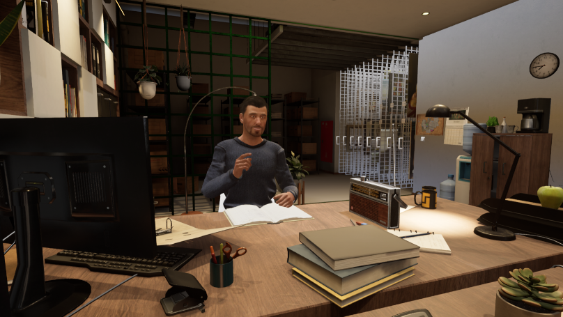 Ansicht aus der virtuellen Tour "Arthunters". Ein Mann sitzt in einem Büro vor einem Scheibtisch und hat eine Hand zu einer Zeigebewegung gehoben.